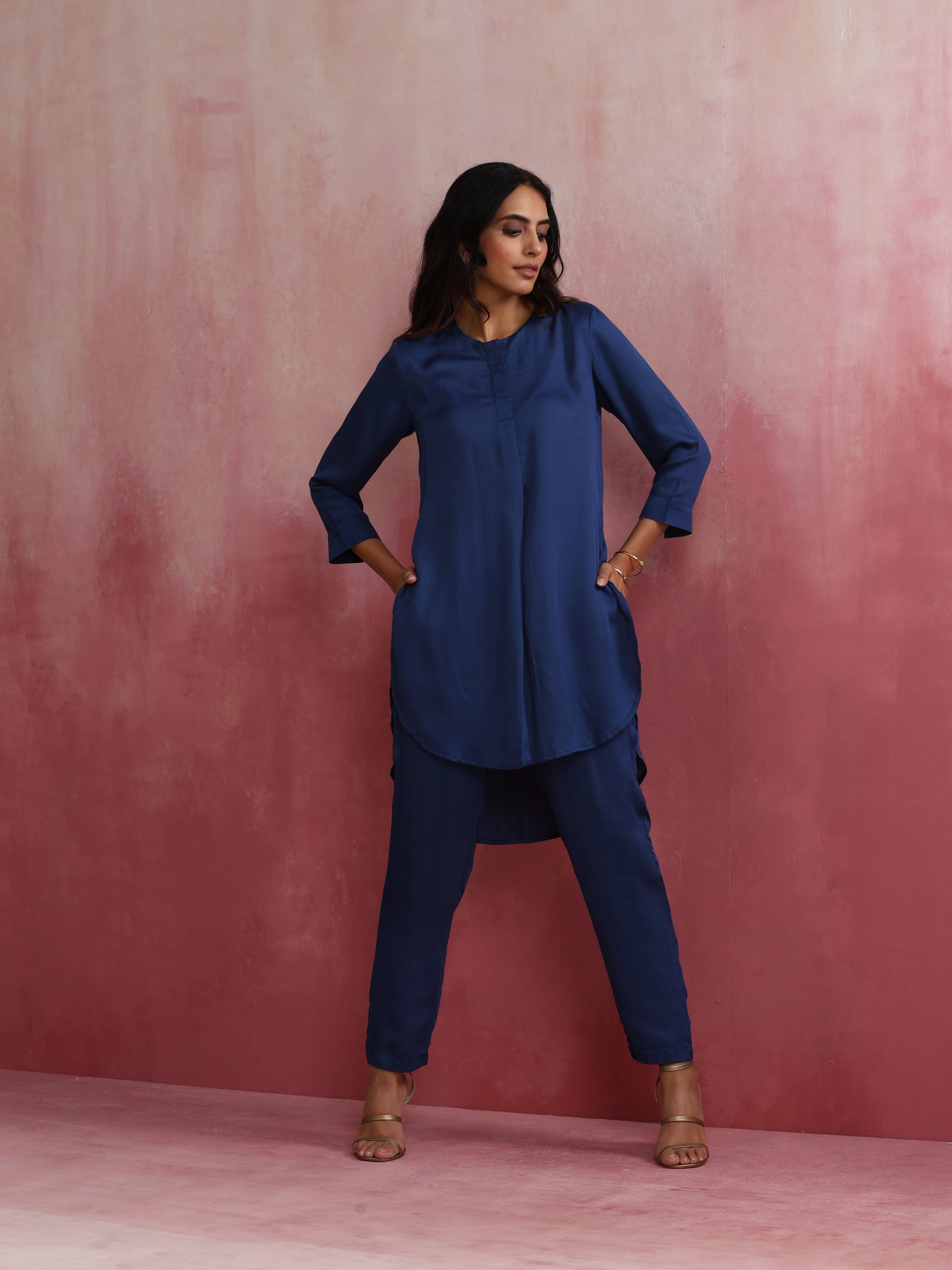 trueBrowns Blue Modal High Low Kurta Co-ord Set - Swadesiicart