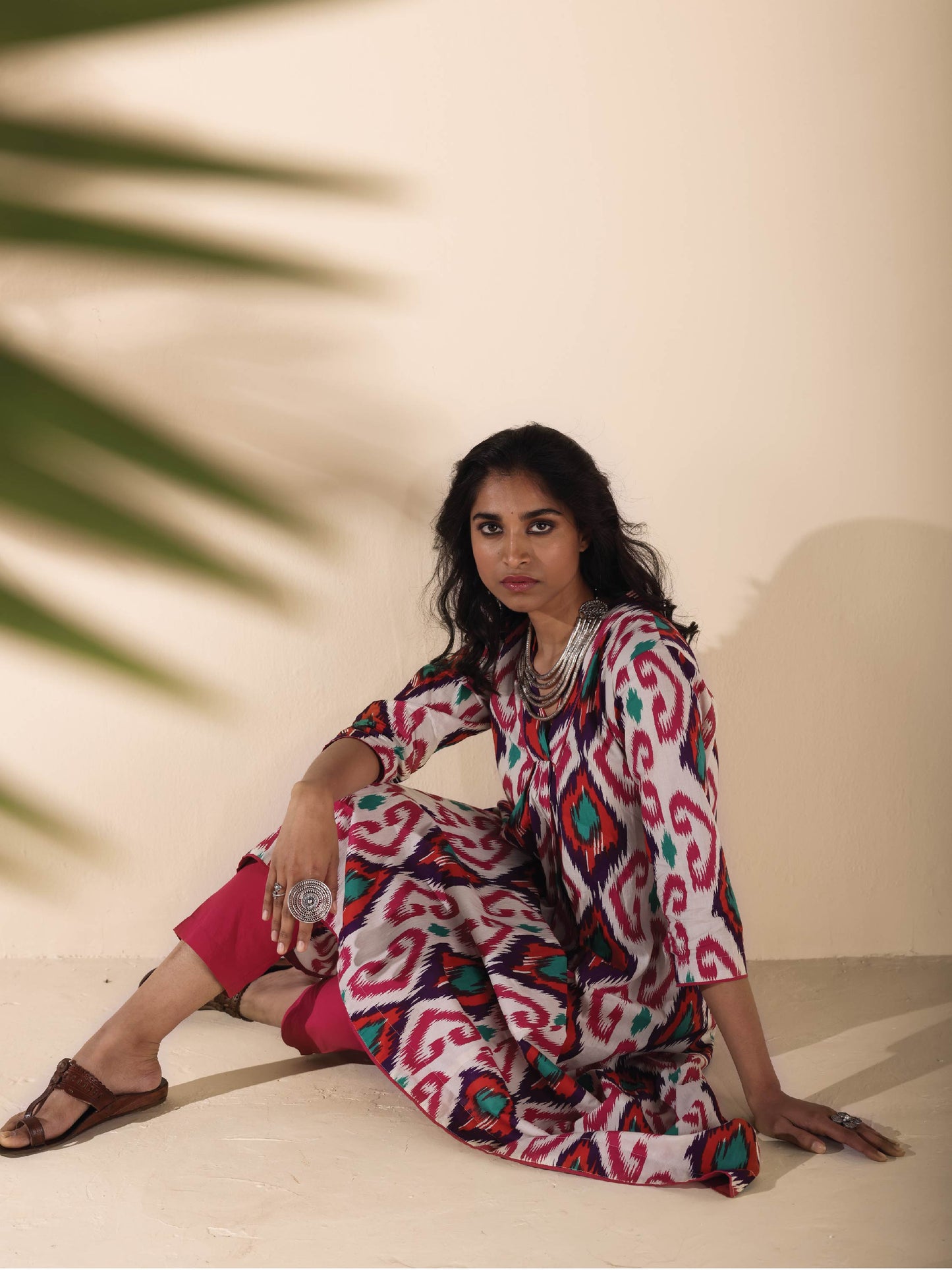 trueBrowns Pink Cotton Ikat Flared Kurta Pant Set | Swadesiicart