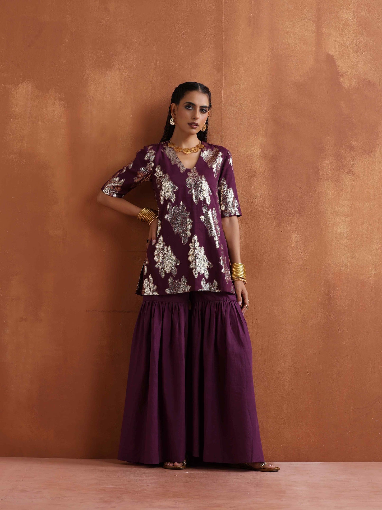 trueBrowns Purple Metallic Sharara Dupatta Set | Swadesiicart