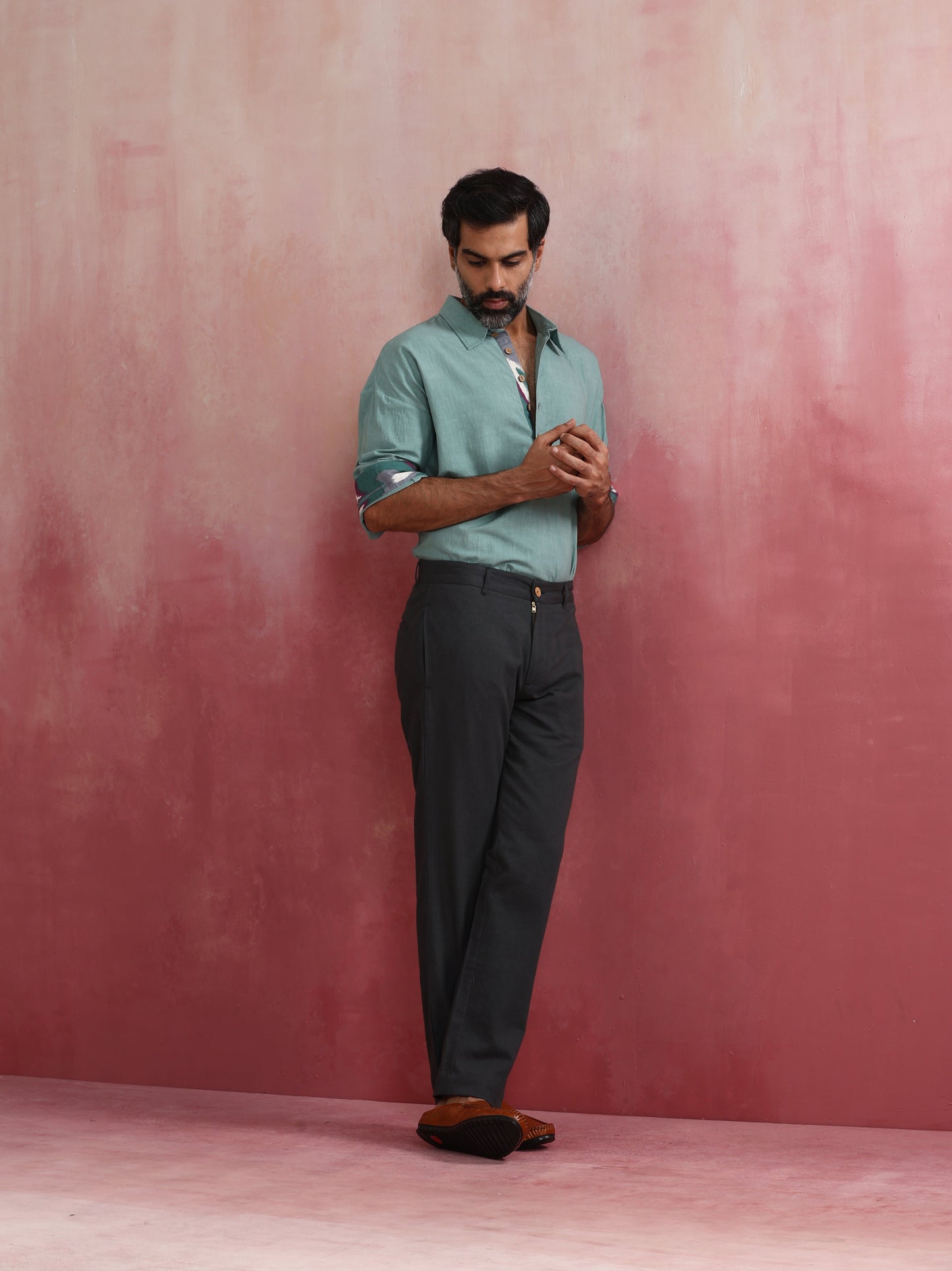 trueBrowns Men's Aqua Blue Cotton Shirt Collar Stylized Kurta | Swadesiicart