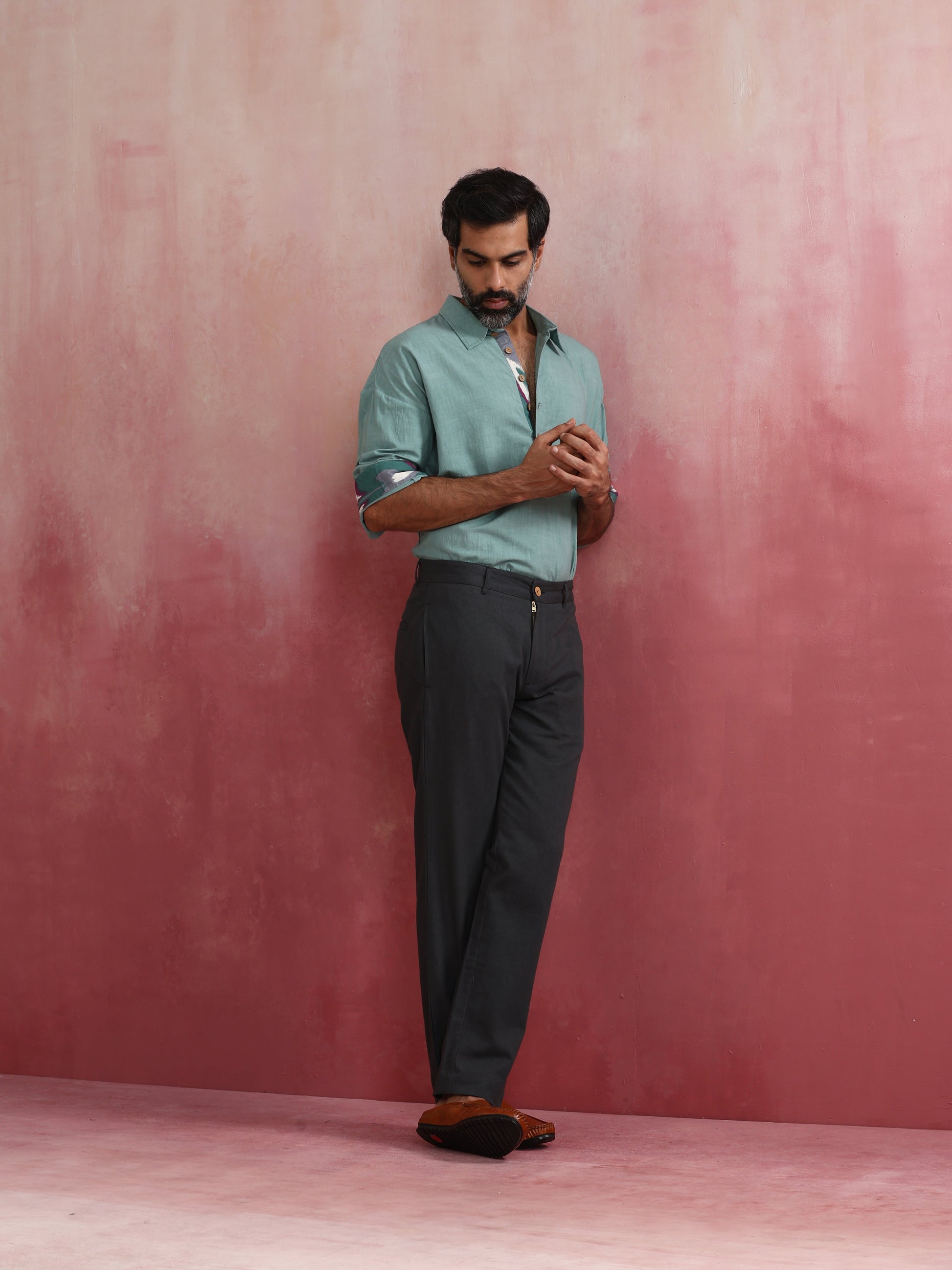 trueBrowns Men's Aqua Blue Cotton Shirt Collar Stylized Kurta | Swadesiicart