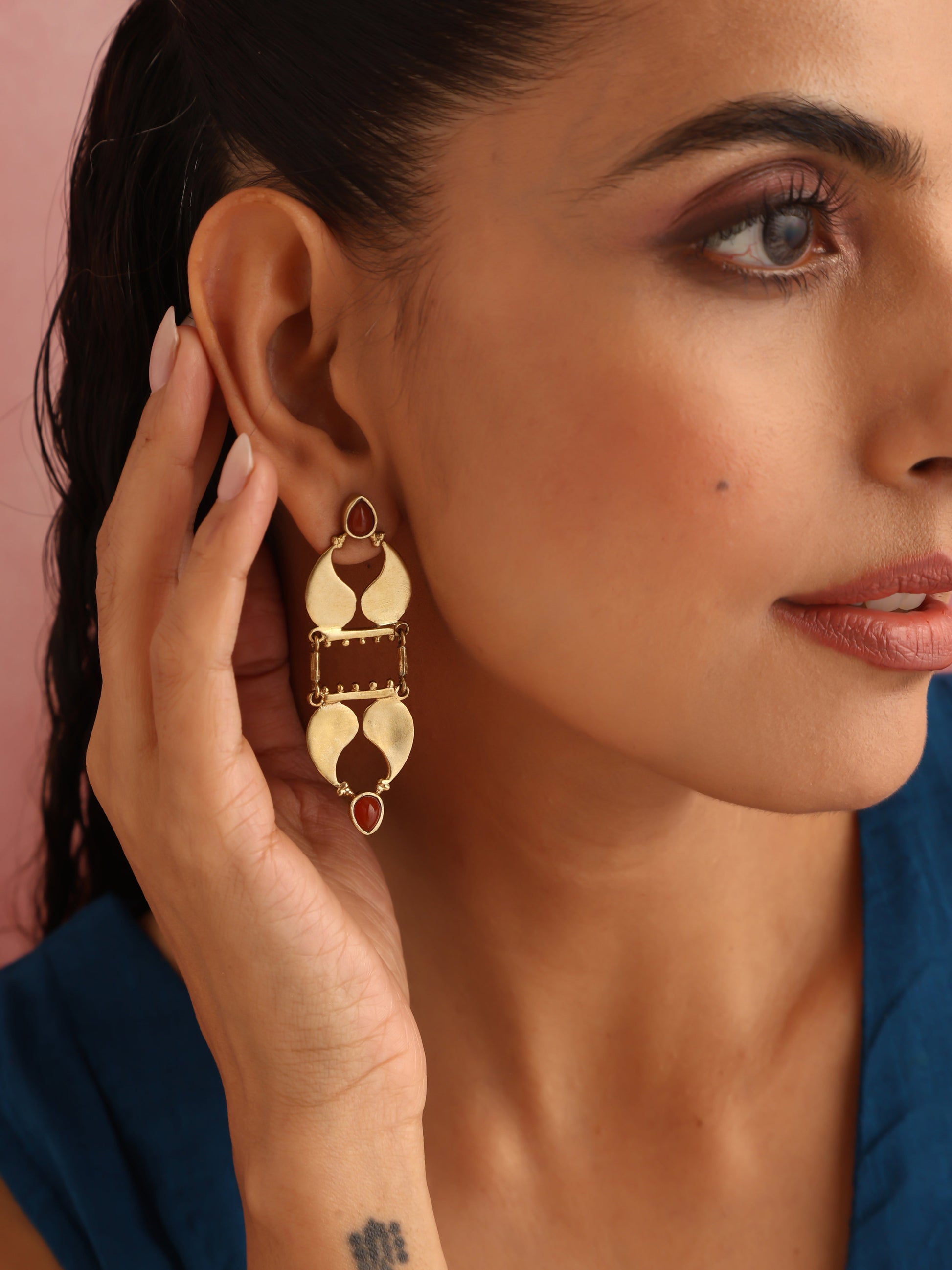 trueBrowns Brass Red Stone Paisley Earrings - Swadesiicart