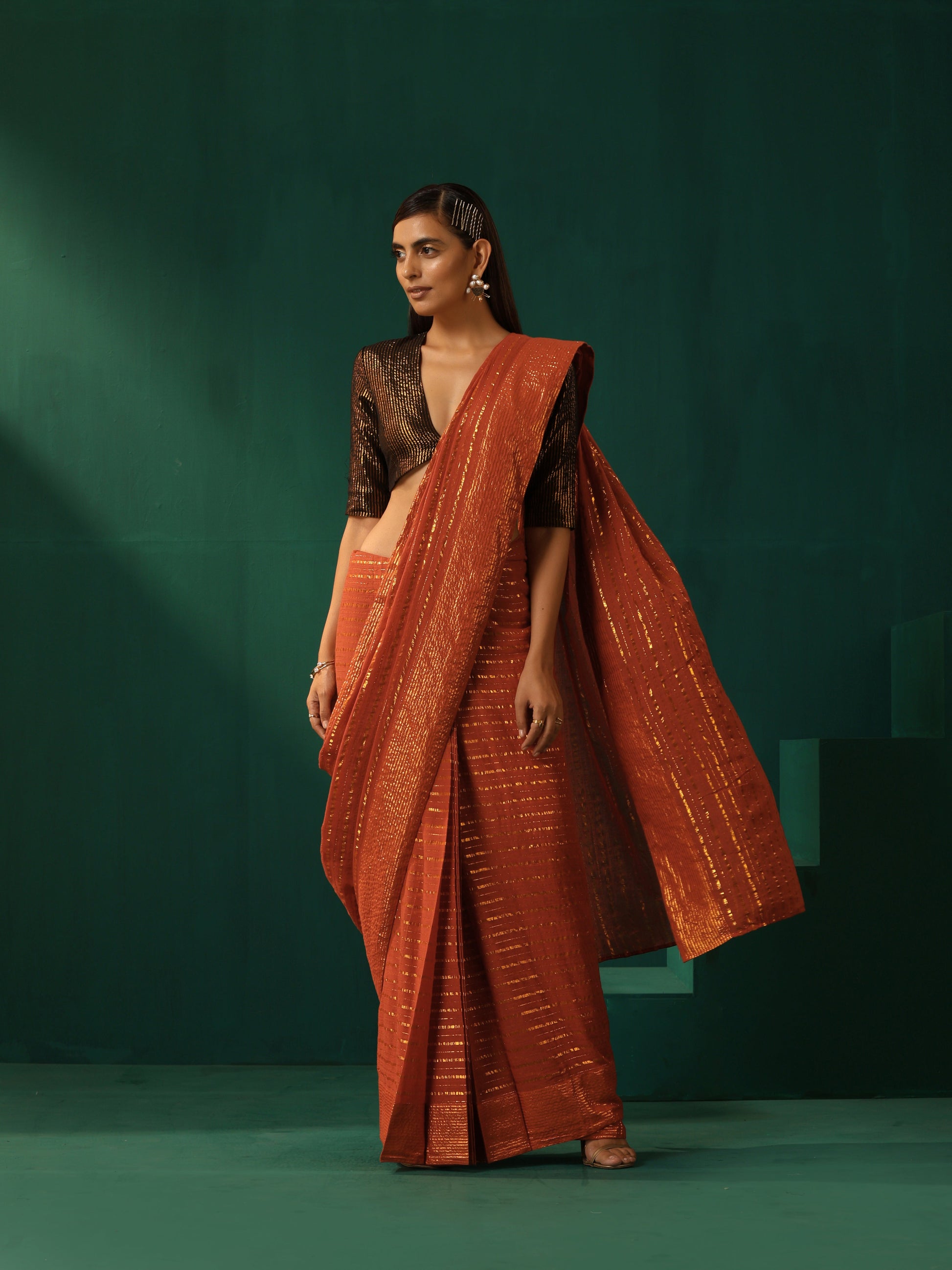 trueBrowns Rust Cotton Gold Lurex Striped Ready to Wear Saree | Swadesiicart