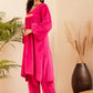 InWeave Women's Magenta V Neck Asymmetrical Pleated Velvet Kurta Set - Swadesiicart
