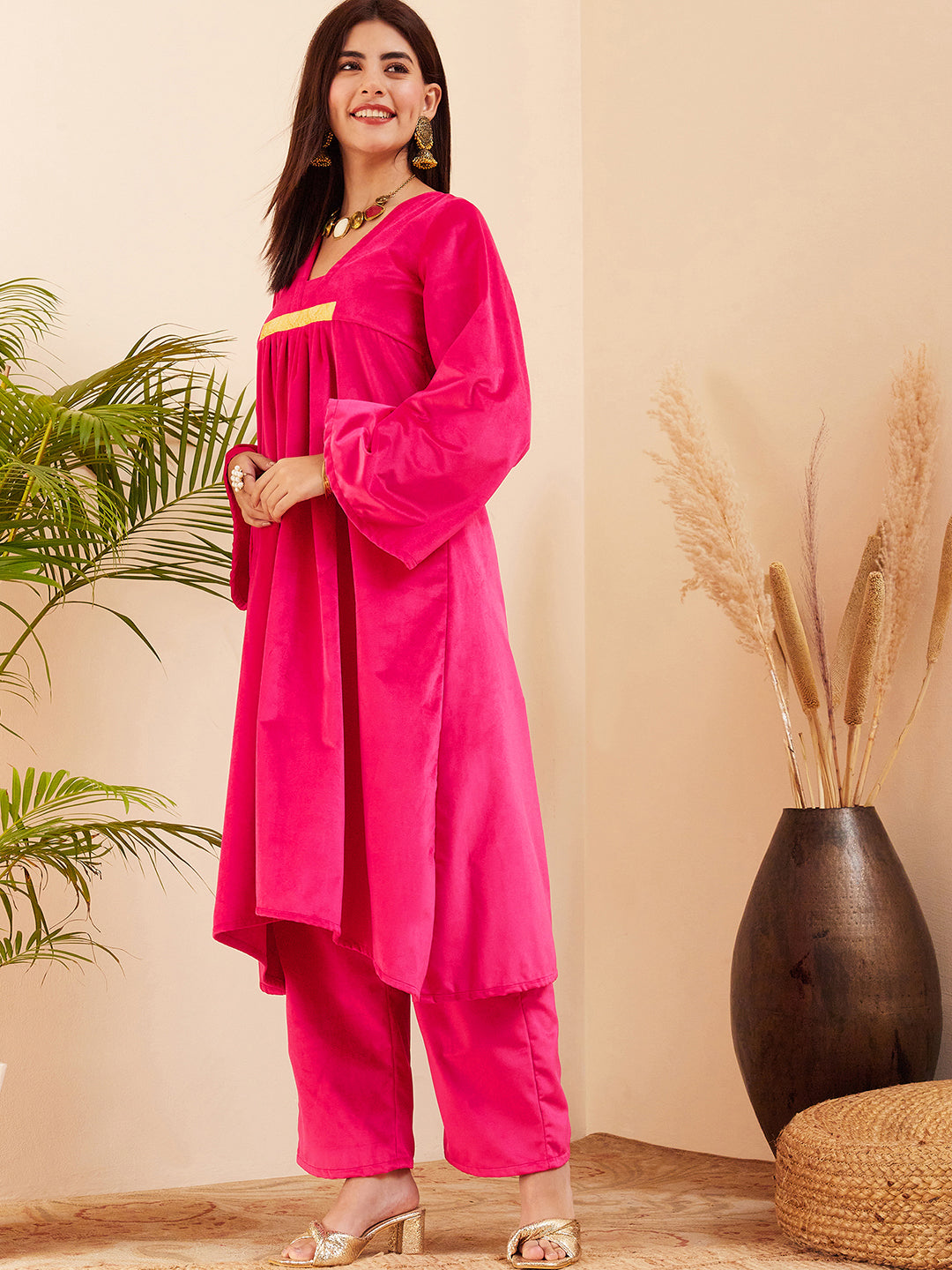 InWeave Women's Magenta V Neck Asymmetrical Pleated Velvet Kurta Set - Swadesiicart