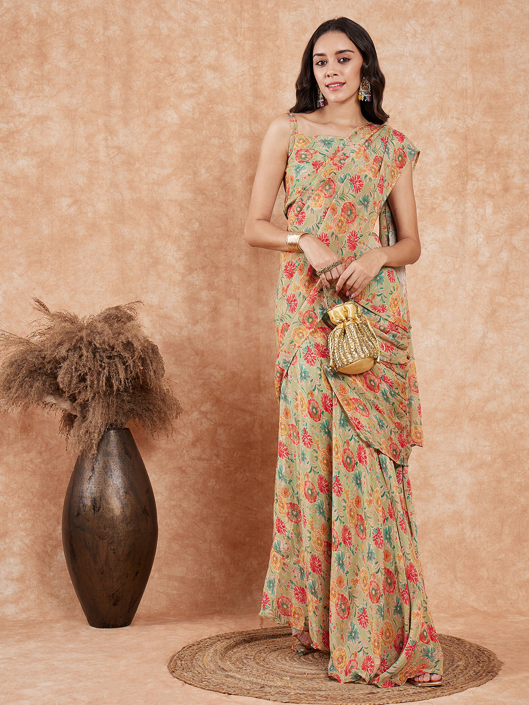 InWeave Women's Pear Green Red Floral Skirt Saree - Swadesiicart