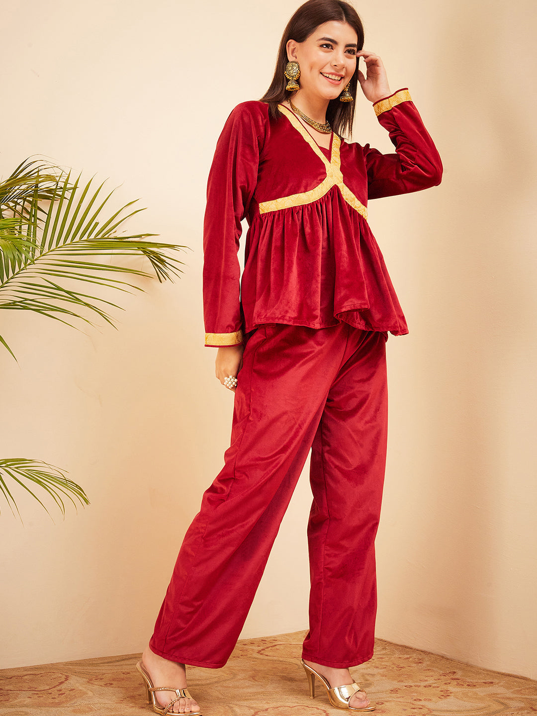 InWeave Women's Barn Red Mughal Shaan Style Velvet Short Kurta Set - Swadesiicart
