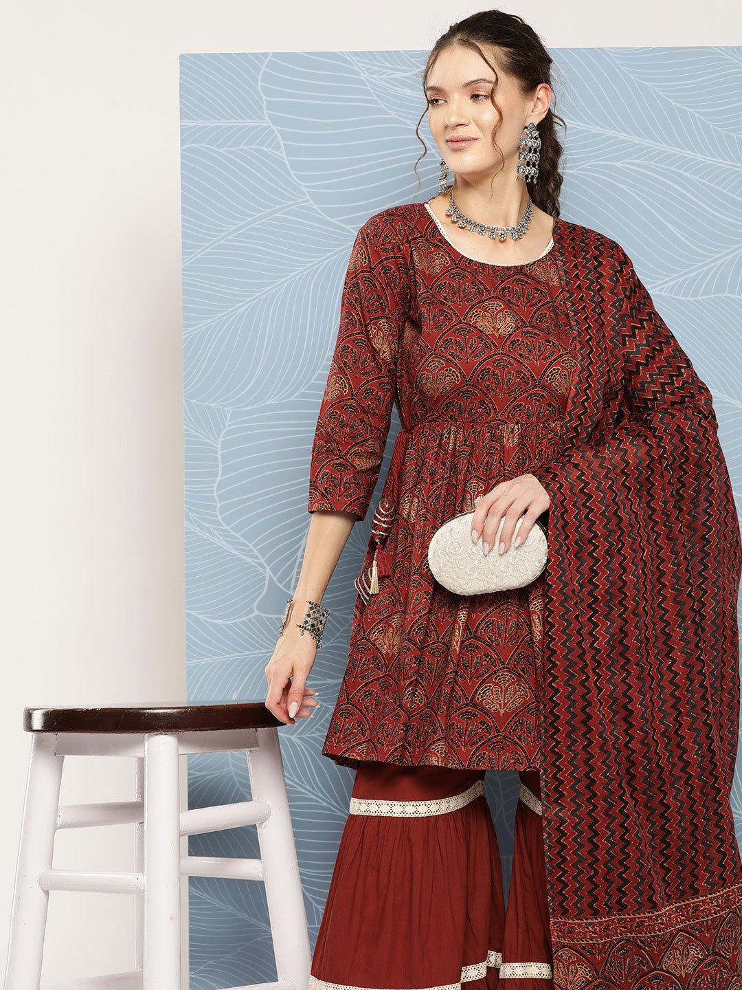 InWeave Women's Brick Rust Ajrakh Sharara Set With Dupatta - Swadesiicart