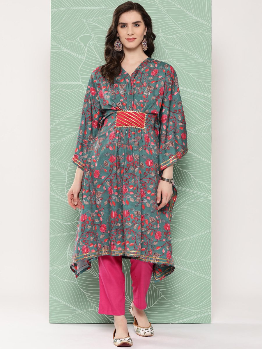 Ahalyaa Women Floral Printed Flared Sleeves Gotta Patti Crepe Kaftan Kurta | Swadesiicart