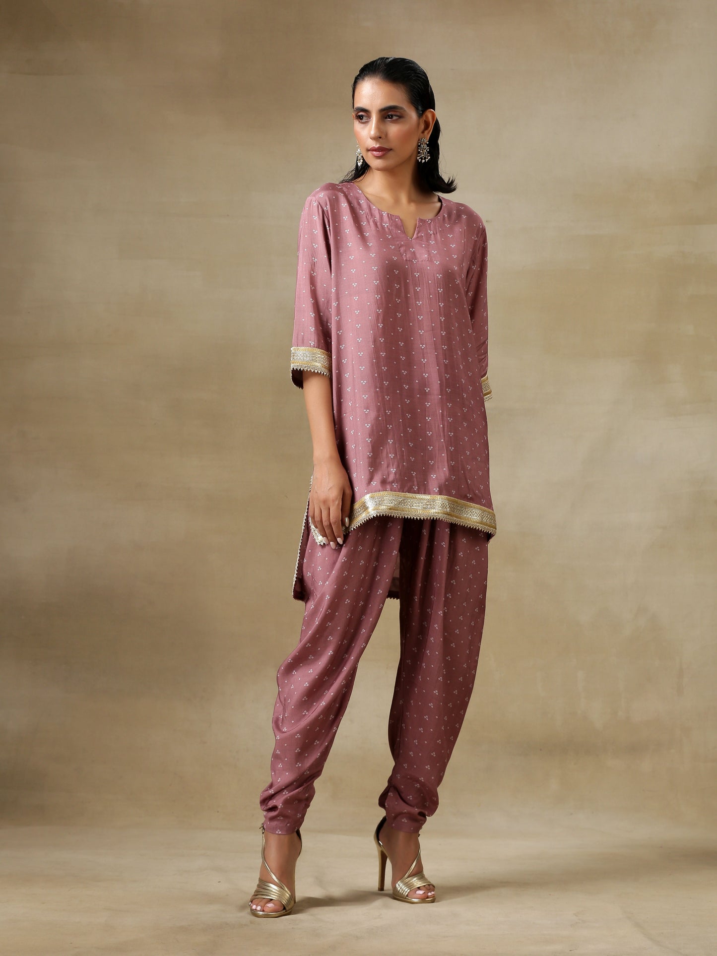 trueBrowns Dark Mauve Bandhani Printed Silk Loose Kurta Dhoti Pant Set | Swadesiicart