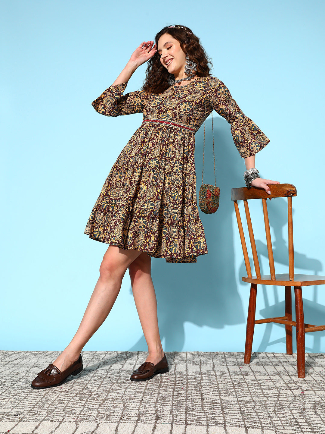 InWeave Women's Brown Kalamkari Print Short Dress - Swadesiicart