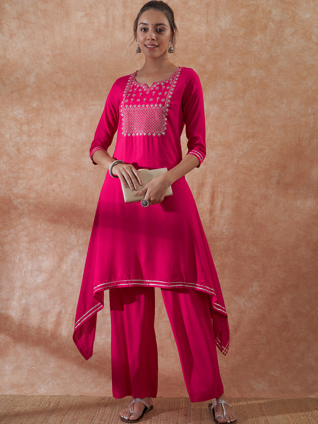 InWeave Women's Magenta Emb Assymetrical Kurta Pant Set - Swadesiicart