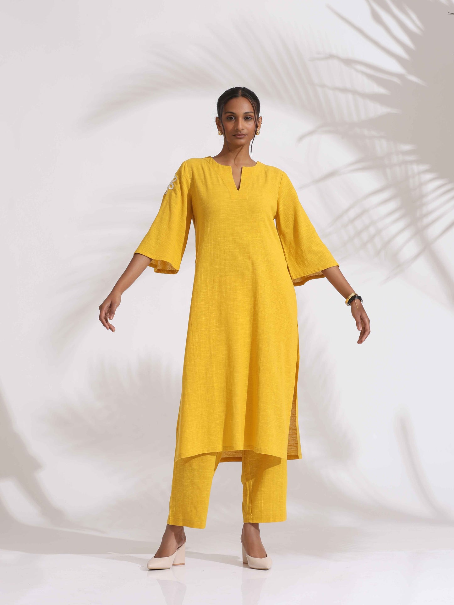 trueBrowns Yellow Cotton Slub Embroidered Straight Kurta Set | Swadesiicart