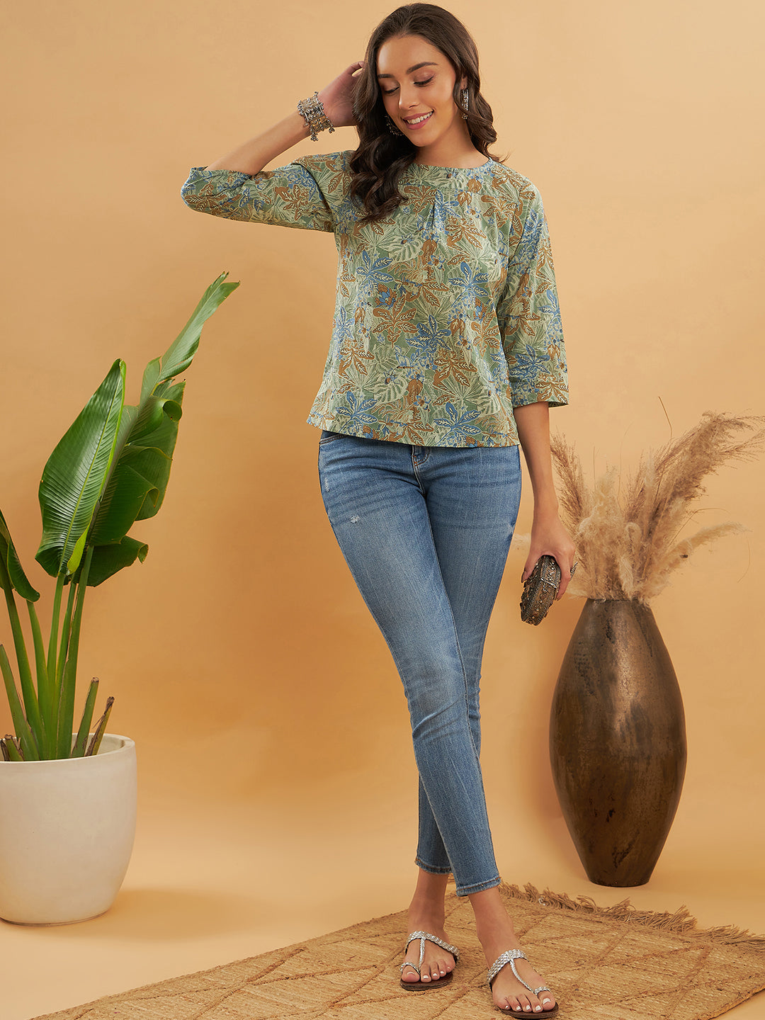 InWeave Women's Dull Green Leaf Floral Print Top - Swadesiicart