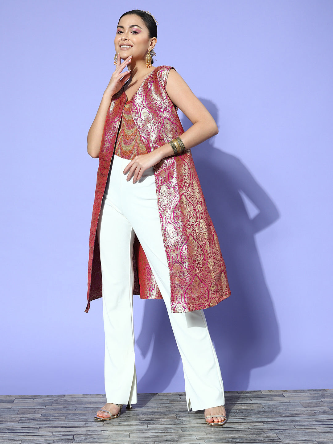 InWeave Women's Pink Brocade Jacket - Swadesiicart