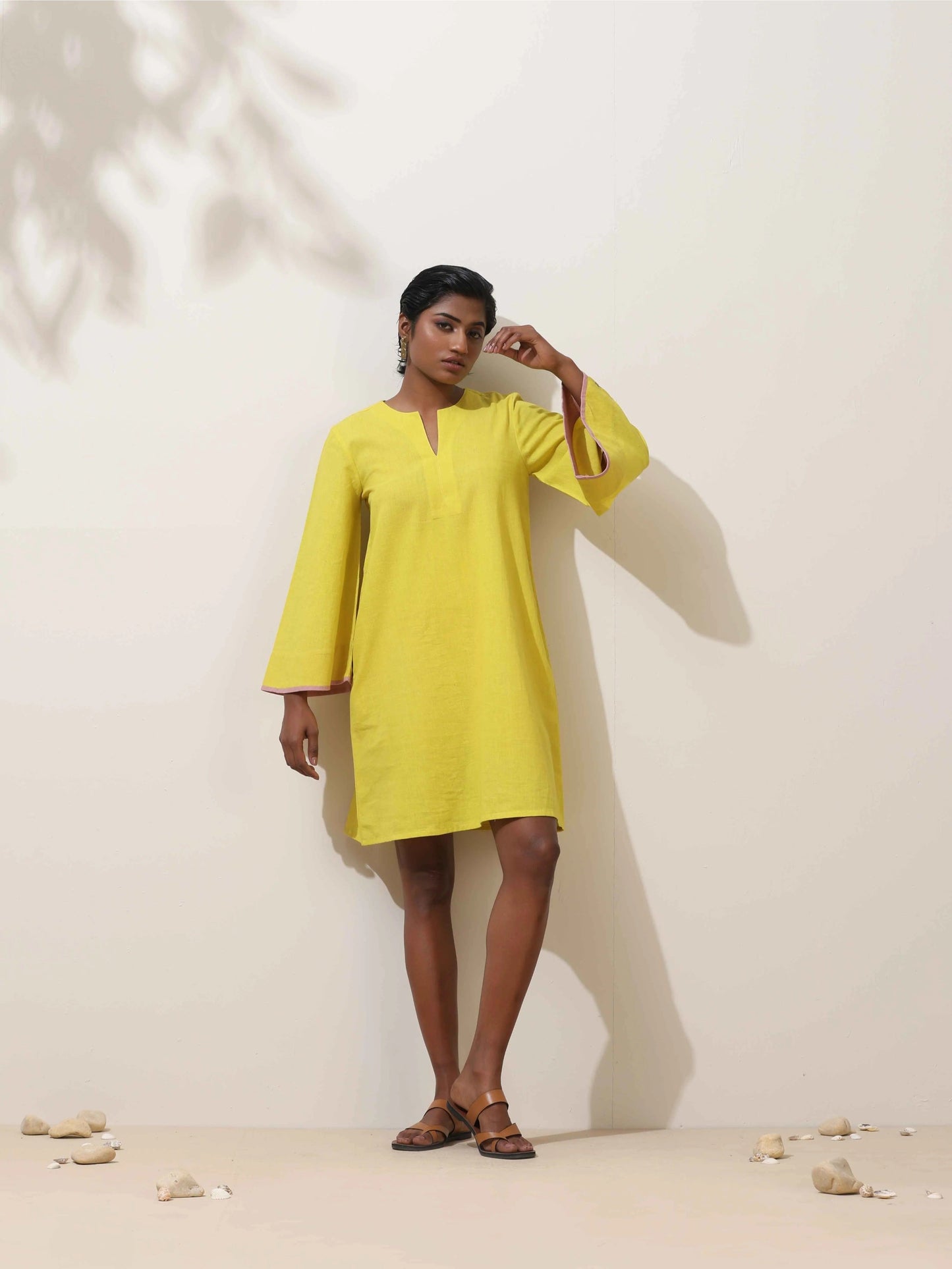 trueBrowns Lime Cotton Linen Dress | Swadesiicart
