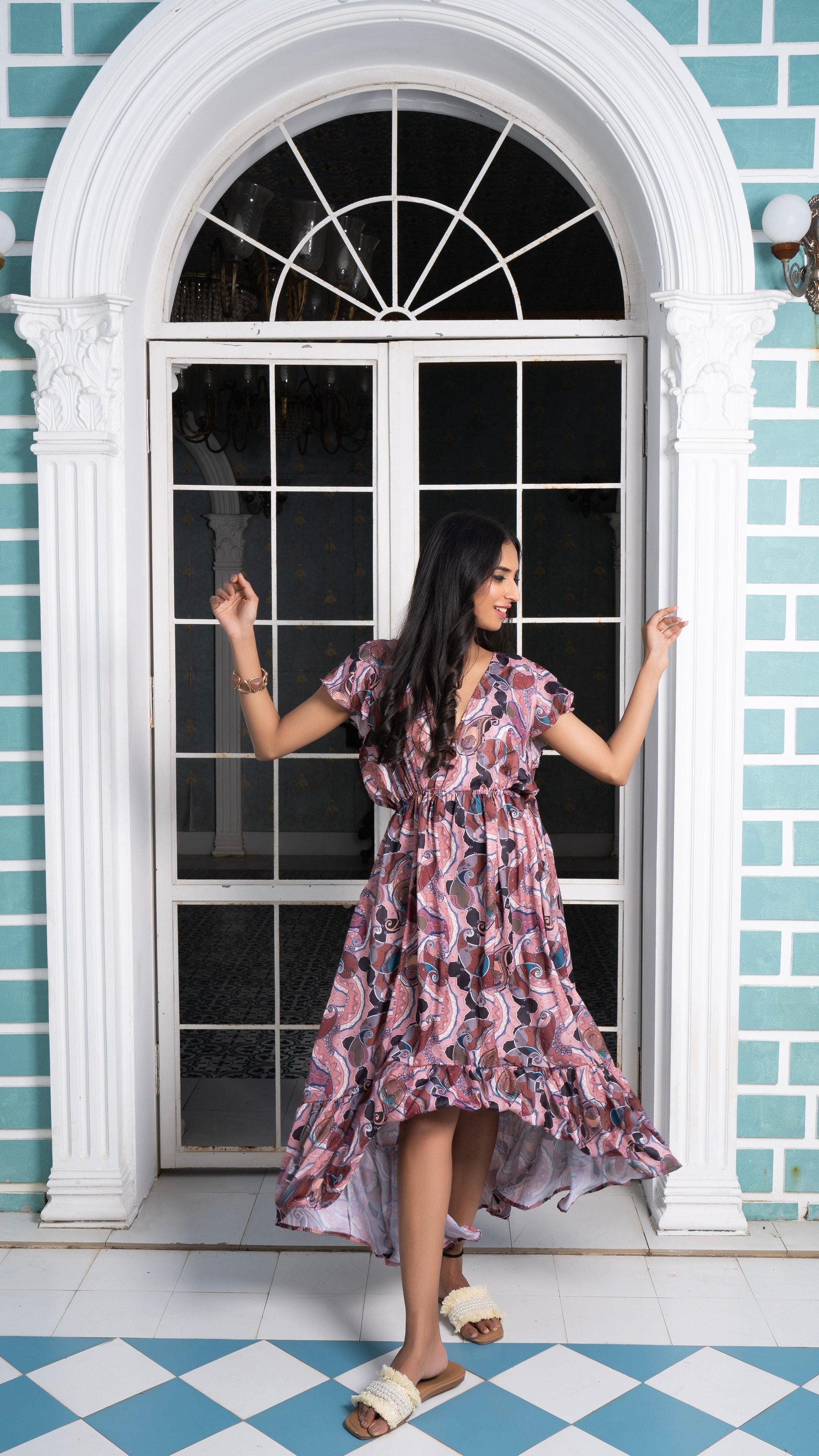 Noroke Sustainable fabric | Bemberg Brown Printed High Low Dress | Swadesiicart
