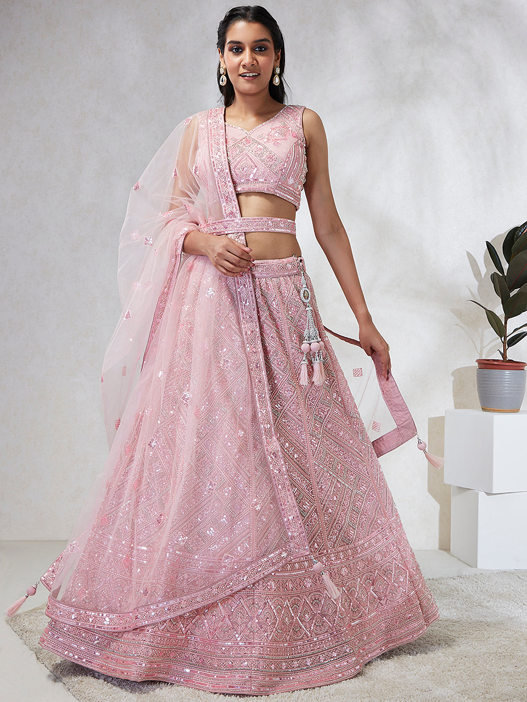 House of Panchhi Pink Net Cutdana, Sequins And Zarkan Embroidery Lehenga Choli & Dupatta | Swadesiicart