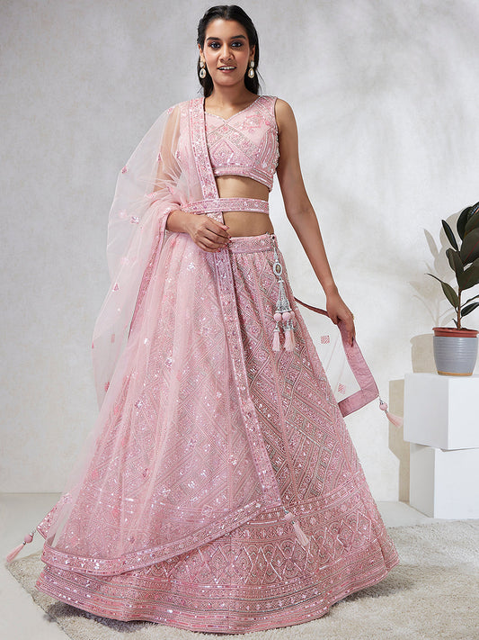 House of Panchhi Pink Net Cutdana, Sequins And Zarkan Embroidery Lehenga Choli & Dupatta | Swadesiicart