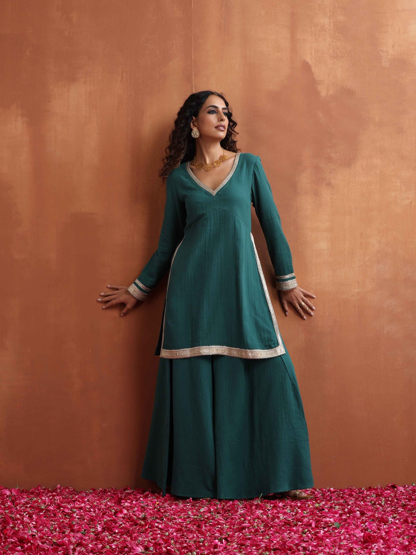 trueBrowns Green Cotton Sharara Set | Swadesiicart