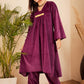 InWeave Women's Wine V Neck Asymmetrical Pleated Velvet Kurta Set - Swadesiicart