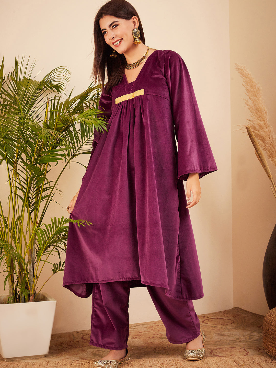 InWeave Women's Wine V Neck Asymmetrical Pleated Velvet Kurta Set - Swadesiicart