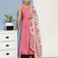 InWeave Women's Light Pink Ray Strappy Set With Red Big Floral Cotton Dupatta - Swadesiicart