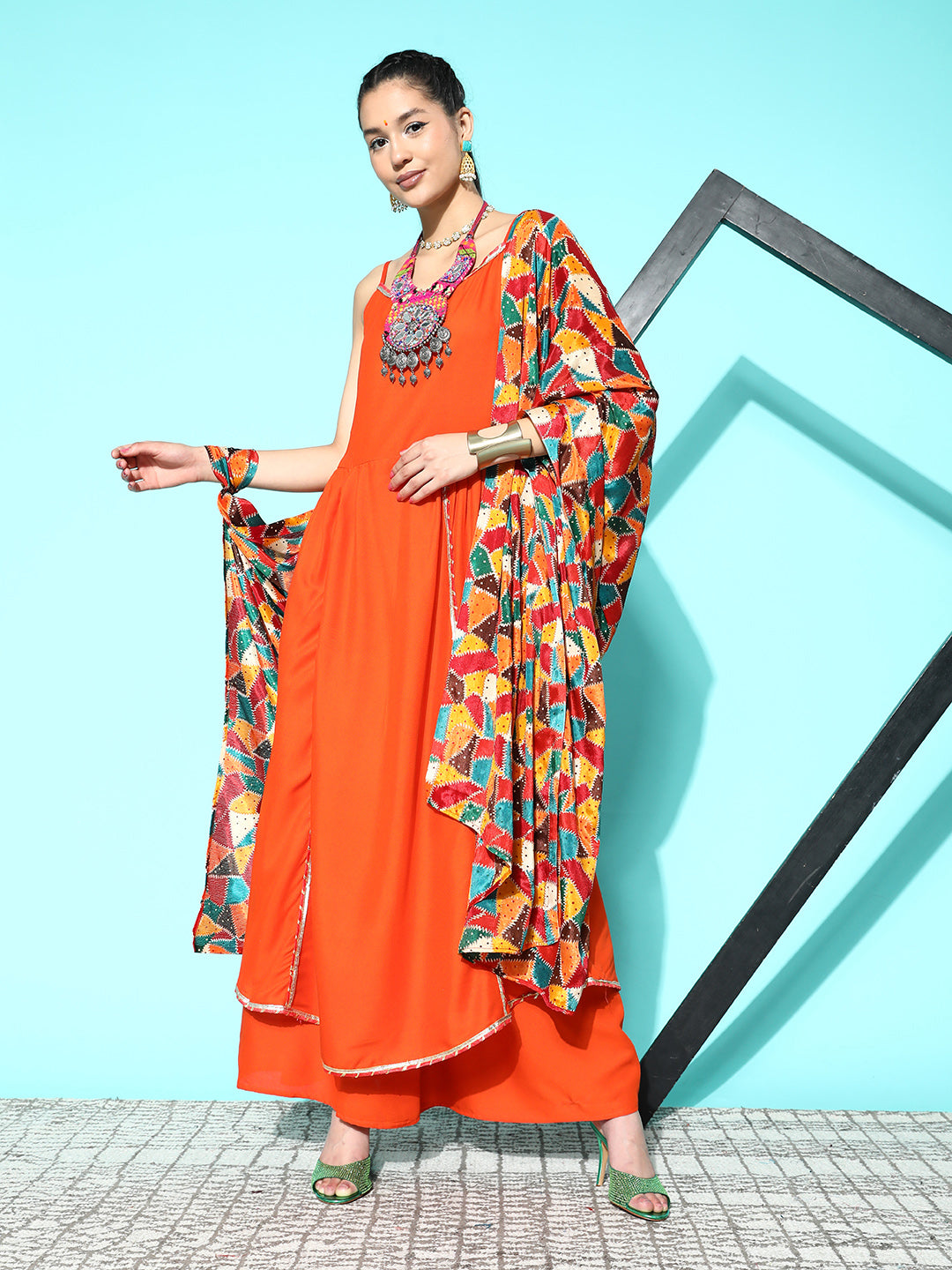 InWeave Women's Orange Red Gota Strappy Set With Multi Foil Muslin Dupatta - Swadesiicart