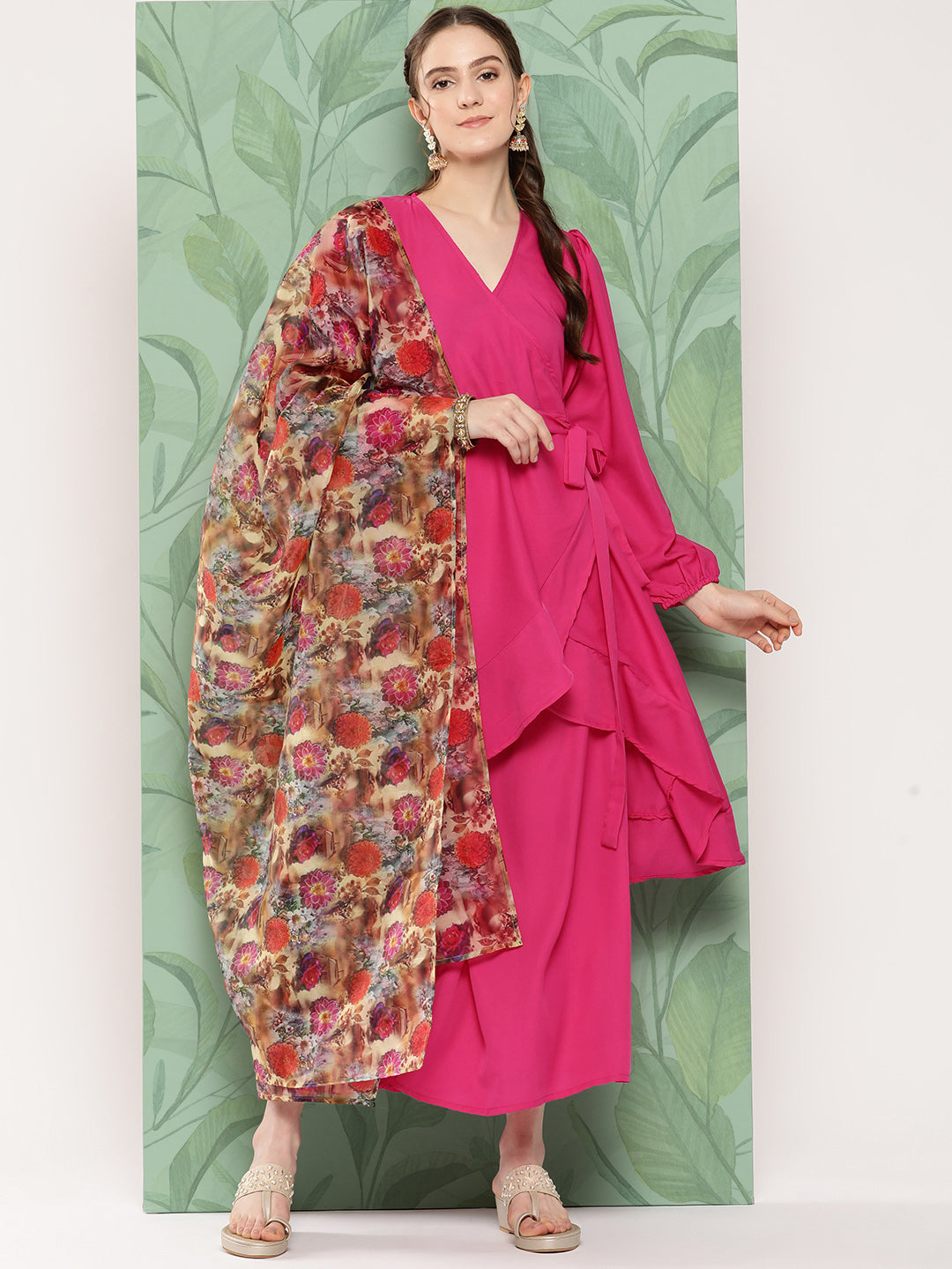 InWeave Women's Magenta Tie Up Kurta Set W Camel Brown Or Dupatta - Swadesiicart