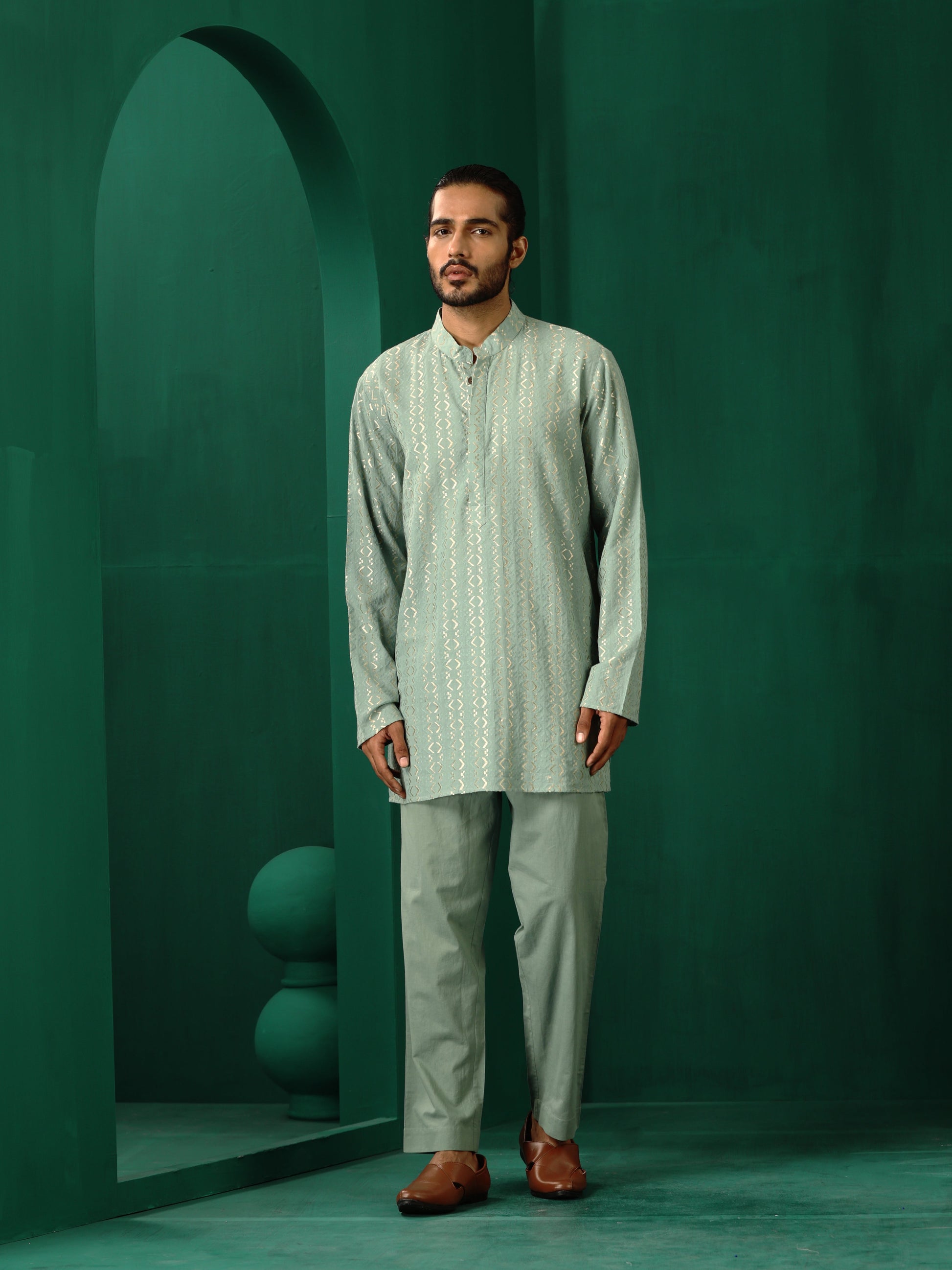 trueBrowns Men's Mint Green Dobby Co-ord Set - Swadesiicart