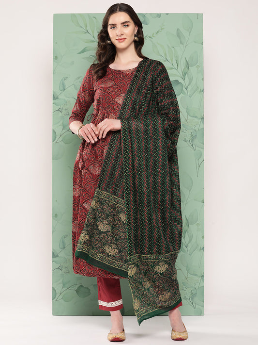 InWeave Women's Long Kurta Set Rust Ajrakh With Green Ajrakh Dupatta - Swadesiicart