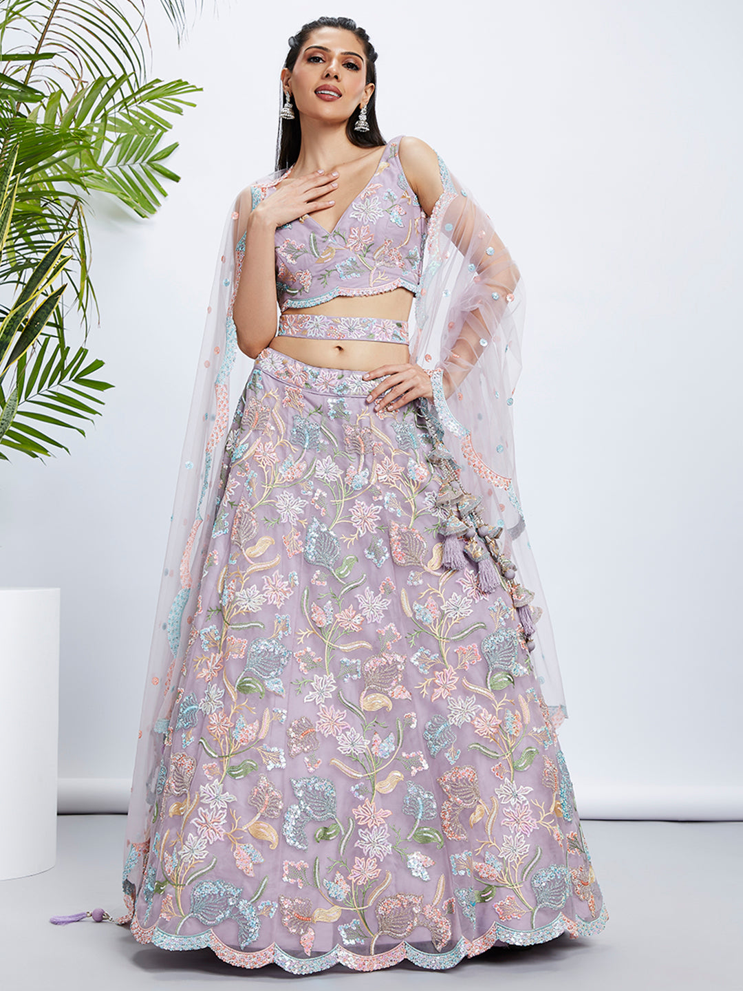 House of Panchhi Pink Chiffon Sequins And Thread Embroidery Lehenga Choli & Printed Dupatta | Swadesiicart