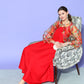 InWeave Women's Red Strappy Set With Green Floral Short Organza Cape - Swadesiicart