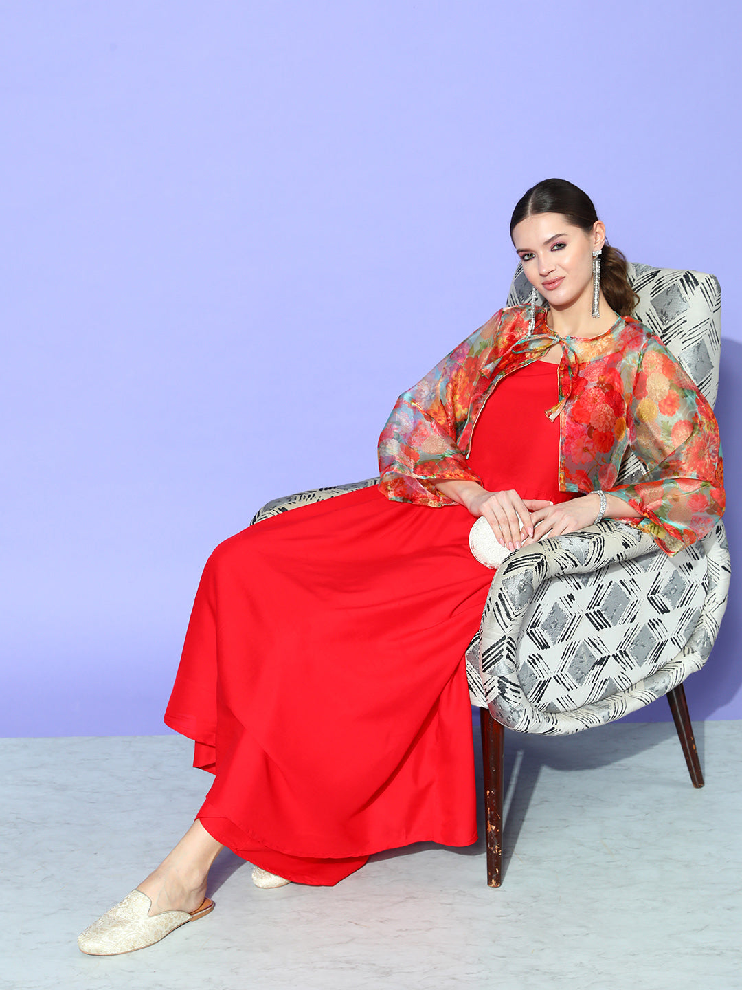 InWeave Women's Red Strappy Set With Green Floral Short Organza Cape - Swadesiicart