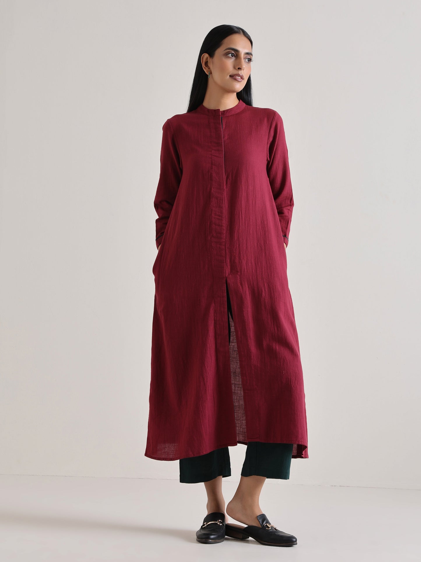 trueBrowns Maroon Placket Kurta Pant Set | Swadesiicart