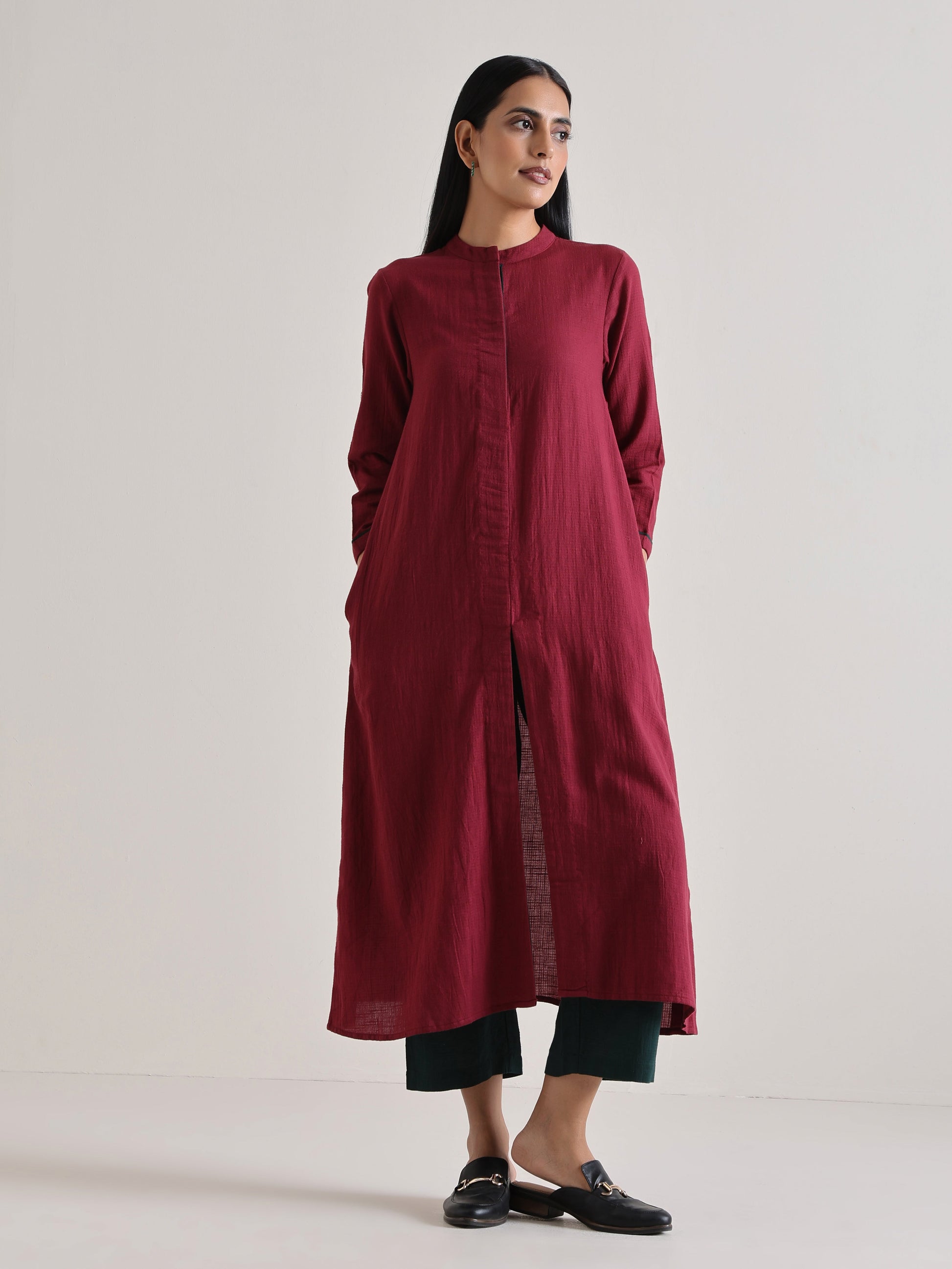 trueBrowns Maroon Placket Kurta Pant Set | Swadesiicart