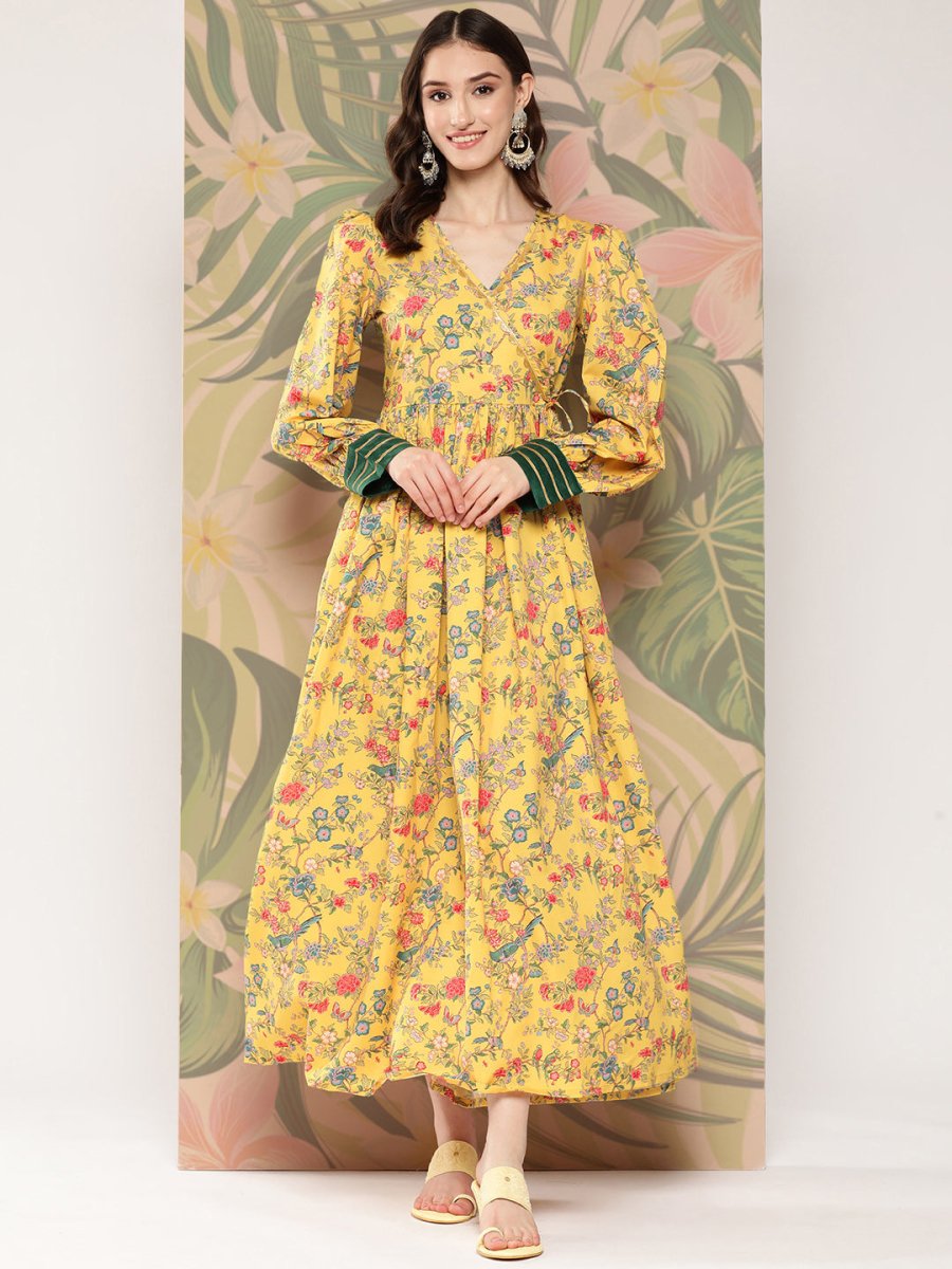 Ahalyaa Floral Printed Tie-Ups Crepe Empire Ethnic Dress | Swadesiicart