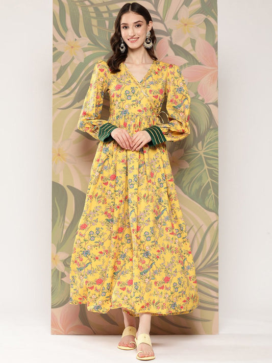 Ahalyaa Floral Printed Tie-Ups Crepe Empire Ethnic Dress | Swadesiicart