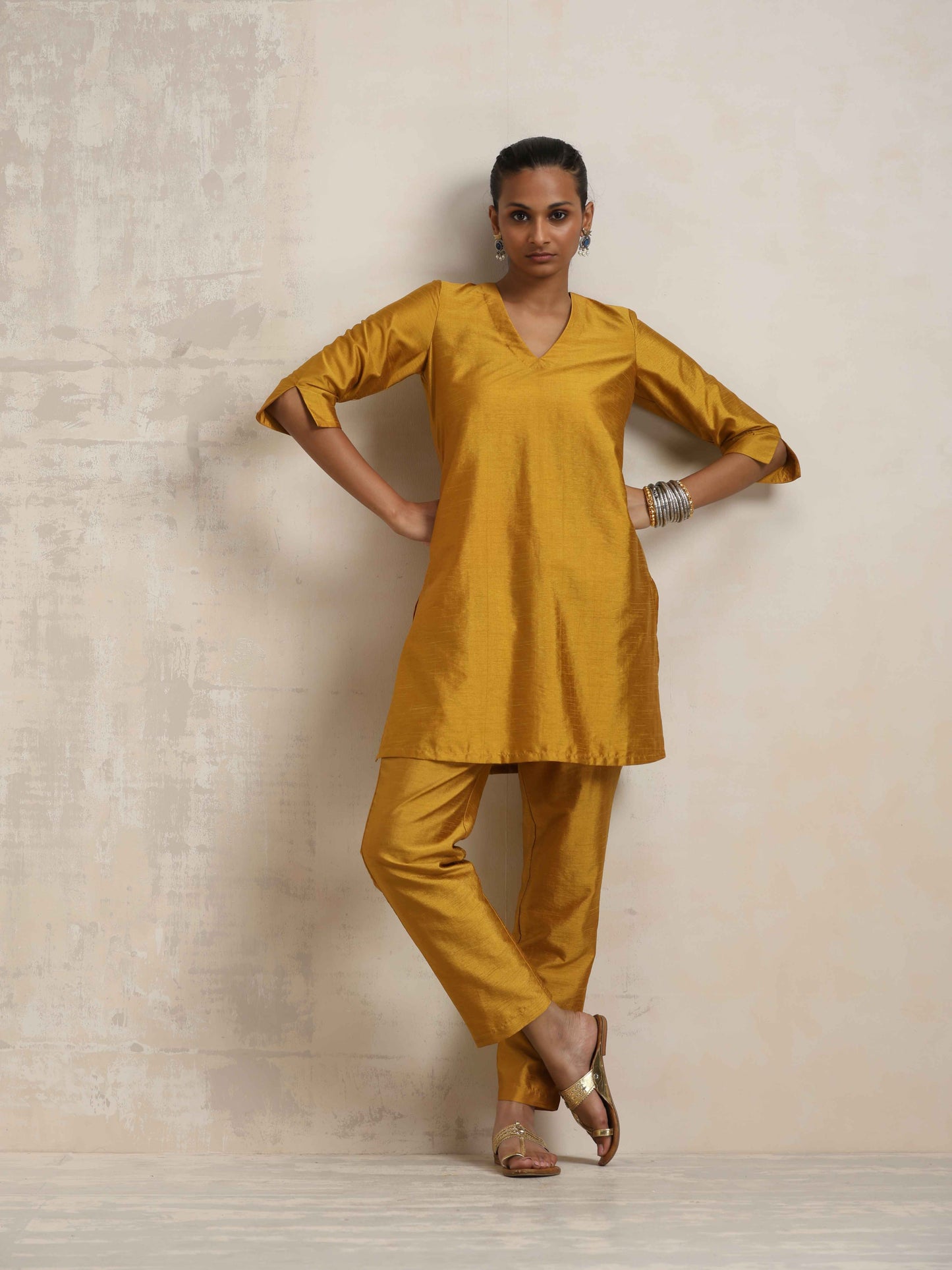 trueBrowns Gold Silk Kurta Co-ord Set - Swadesiicart