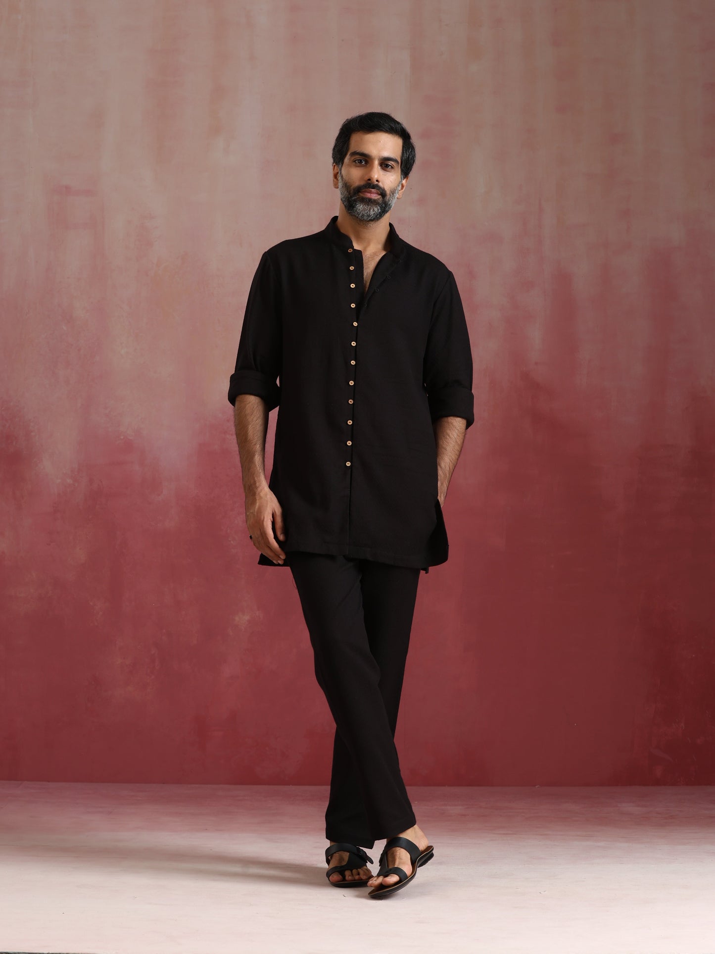 trueBrowns Men's Black Cotton Dobby Kurta Co-ord Set - Swadesiicart