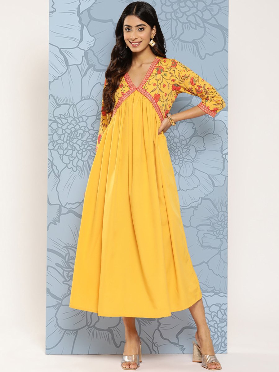 Ahalyaa Floral Print Crepe Empire Midi Ethnic Dress | Swadesiicart