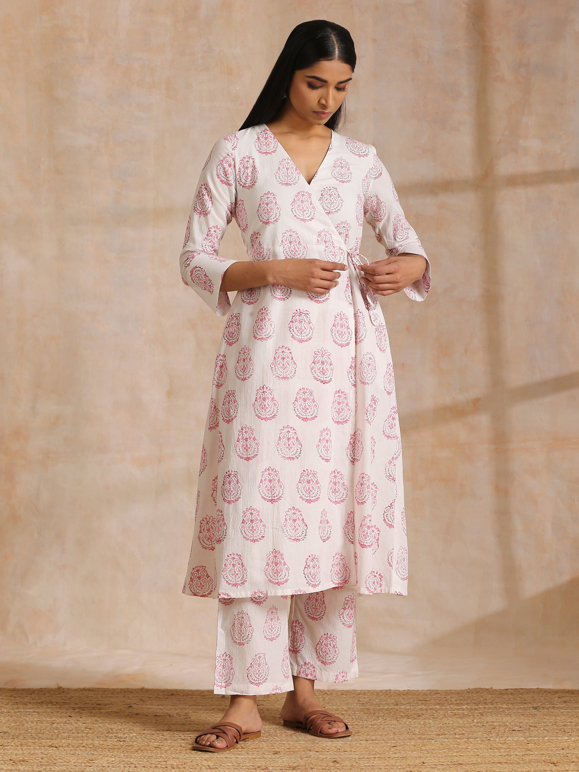 trueBrowns Pink Big Buta On White Print Cotton Angrakha Kurta Pant Set | Swadesiicart