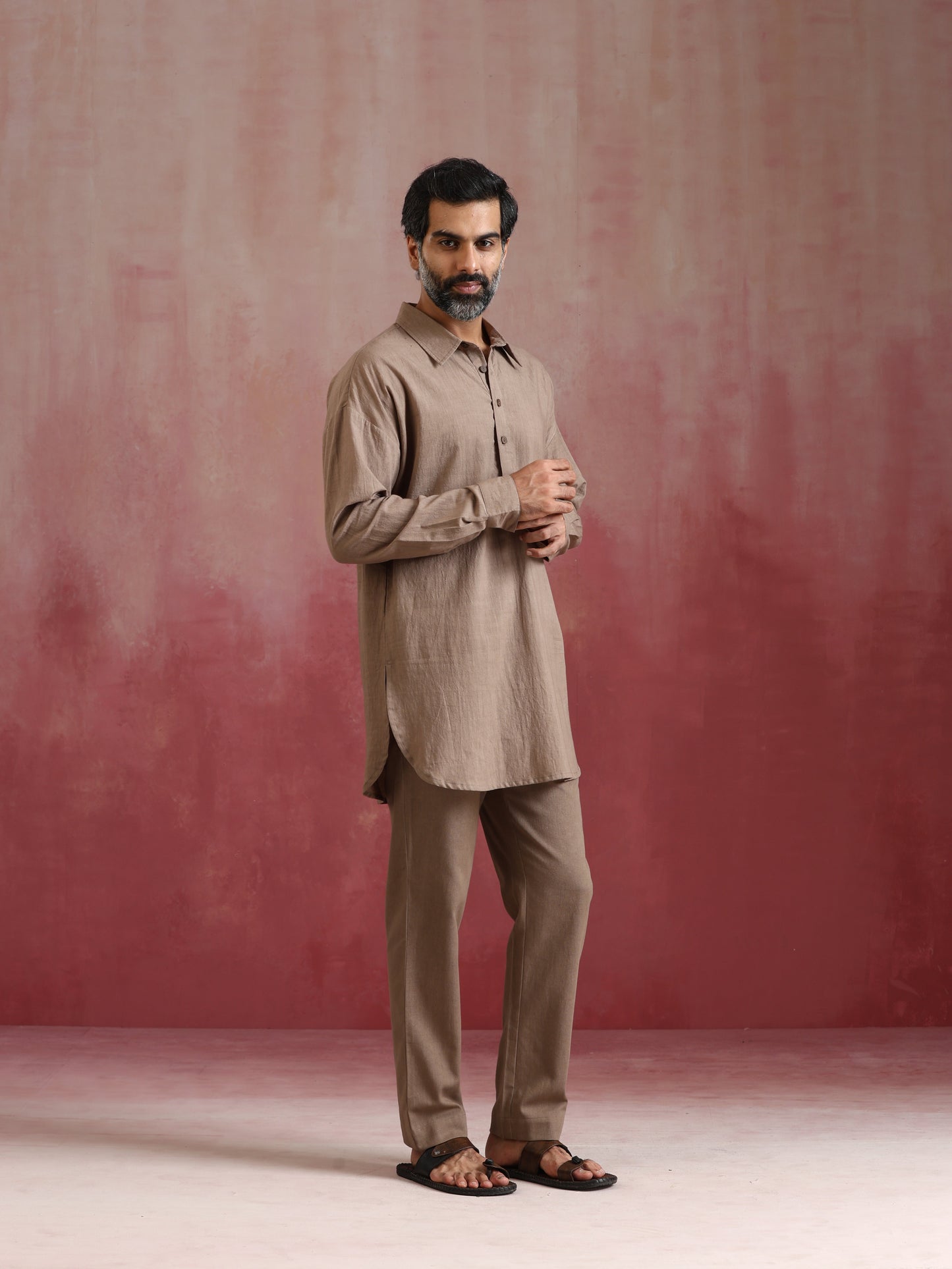 trueBrowns Men's Grey Cotton Shirt Collar Stylized Kurta Co-ord set - Swadesiicart
