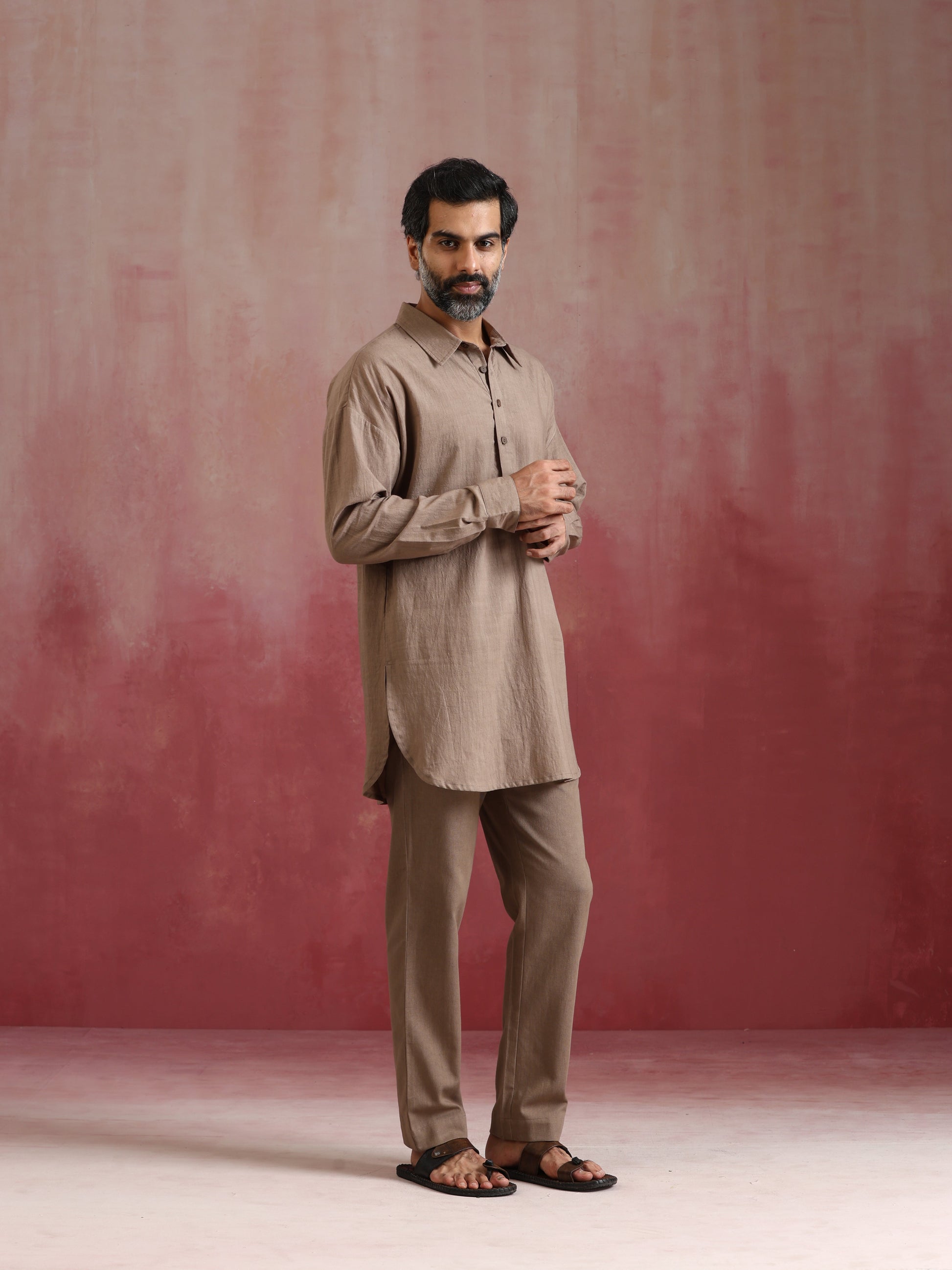 trueBrowns Men's Grey Cotton Shirt Collar Stylized Kurta Co-ord set - Swadesiicart