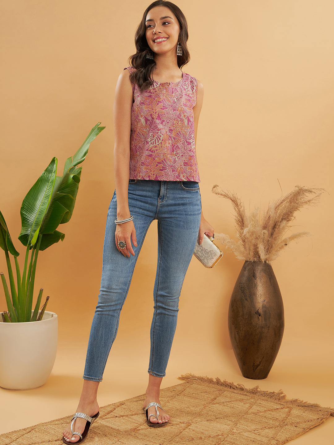 InWeave Pink Coral Floral Print W/U Top - Swadesiicart