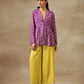 trueBrowns Lime Green Bandhani Printed Silk Top Pant with Purple Printed Jacket Set | Swadesiicart