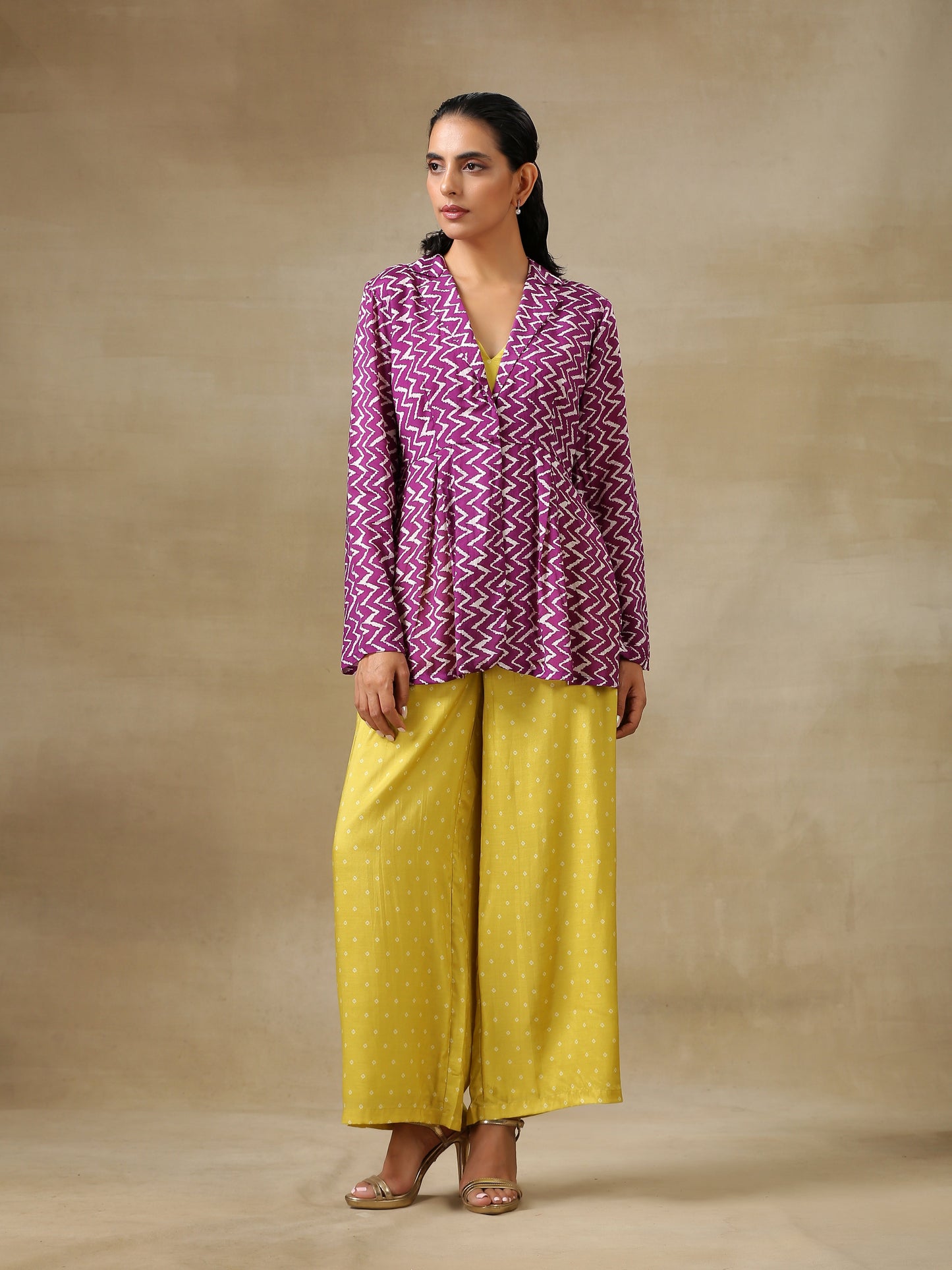 trueBrowns Lime Green Bandhani Printed Silk Top Pant with Purple Printed Jacket Set | Swadesiicart