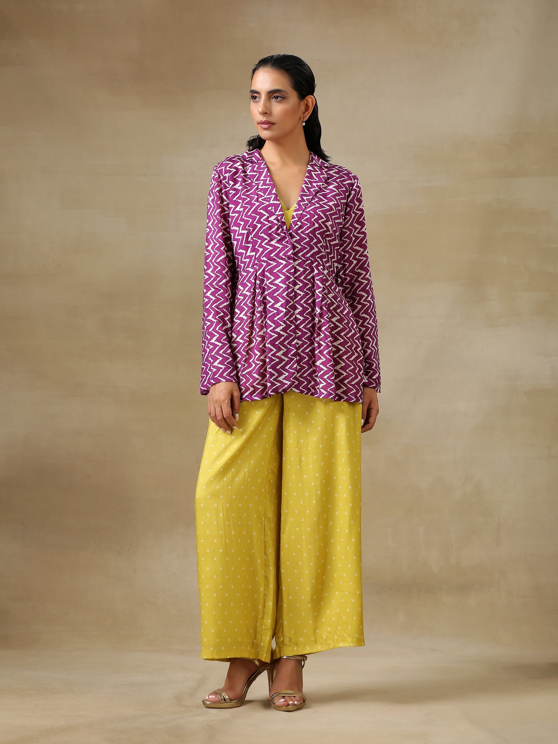 trueBrowns Lime Green Bandhani Printed Silk Top Pant with Purple Printed Jacket Set | Swadesiicart