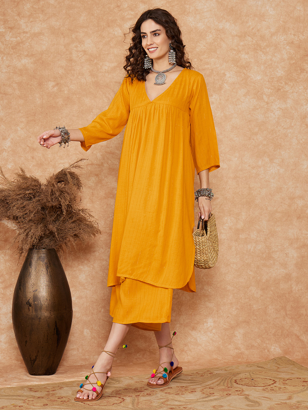 InWeave Women's Mustard Lurex Flared V Neck Kurta Palazzo Set - Swadesiicart
