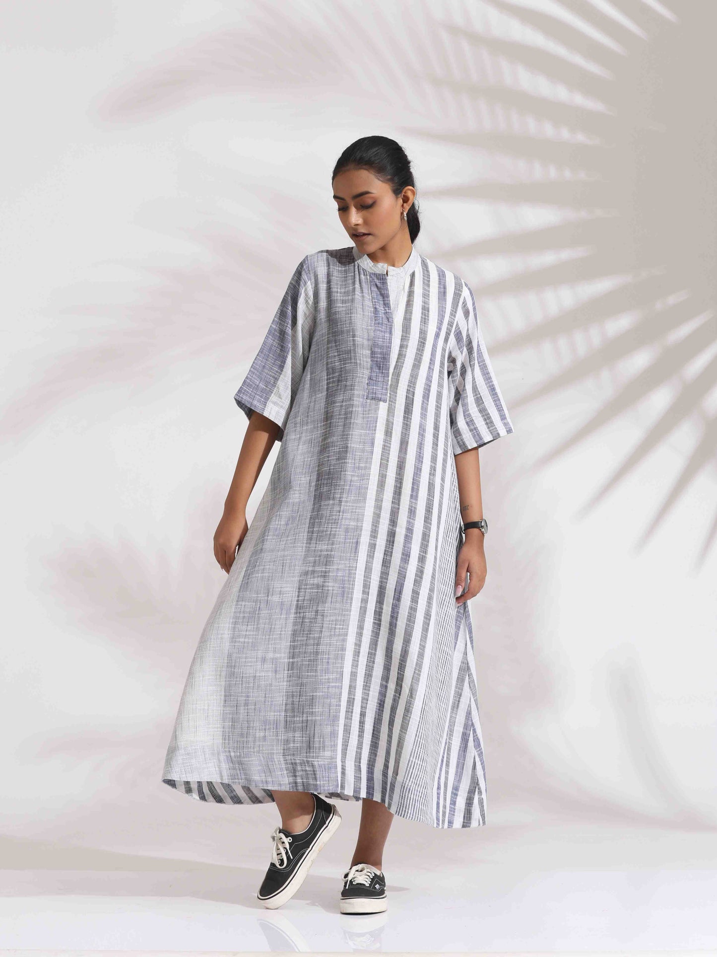 trueBrowns Off-White Cotton Multi Stripe Flared Dress | Swadesiicart